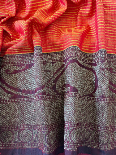 Dupion Pure Silk Saree | Orange | Pink & Maroon, Antique Zari, Handwoven in Banaras | Ships from California
